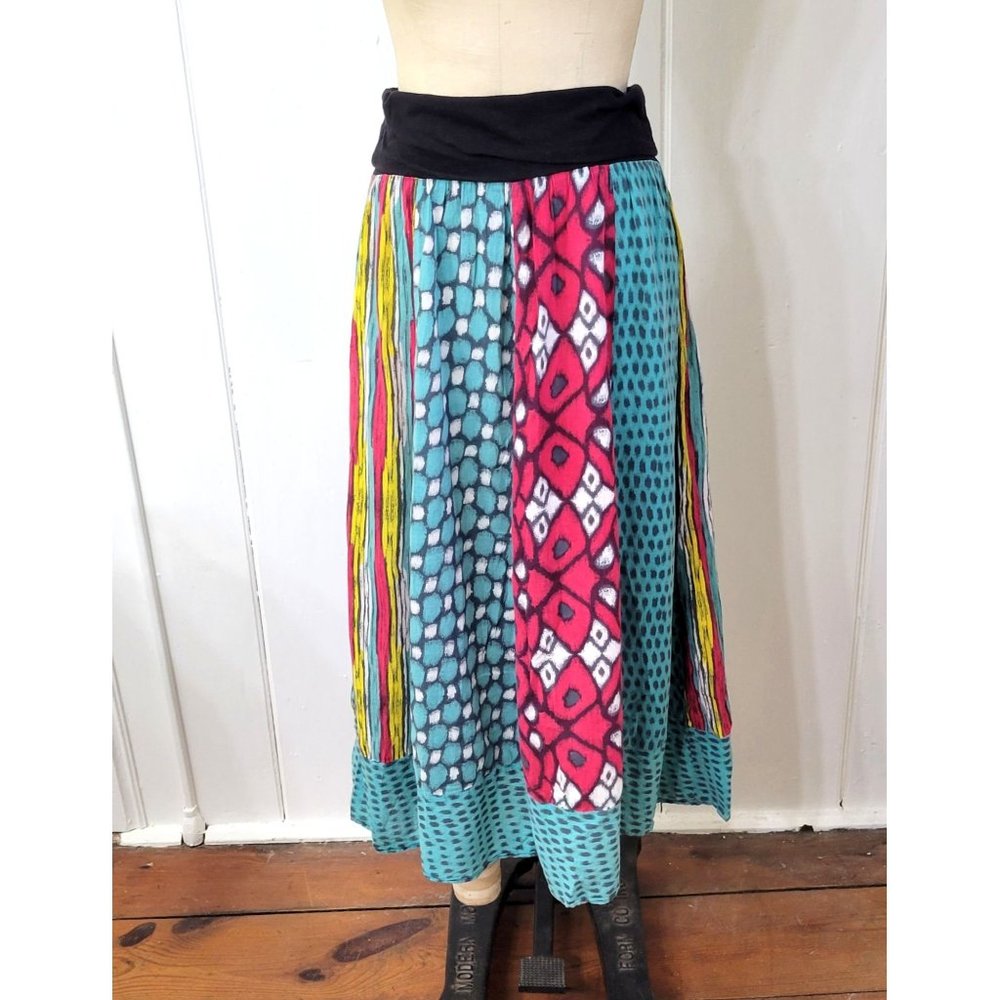 Fire Los Angeles Boho Multicolored Cotton Printed Patchwork Maxi Skirt - Picture 1 of 6